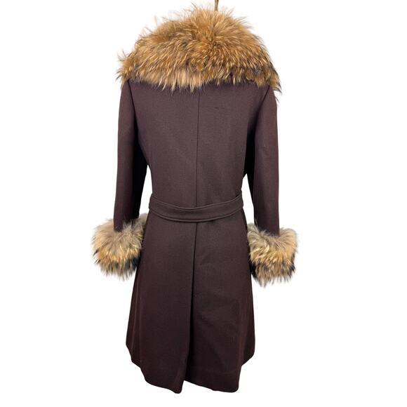 VINTAGE VTG Brown Purple Long Coat Fur Trim Belted Tie Waist Long Sleeve M? - Picture 4 of 11